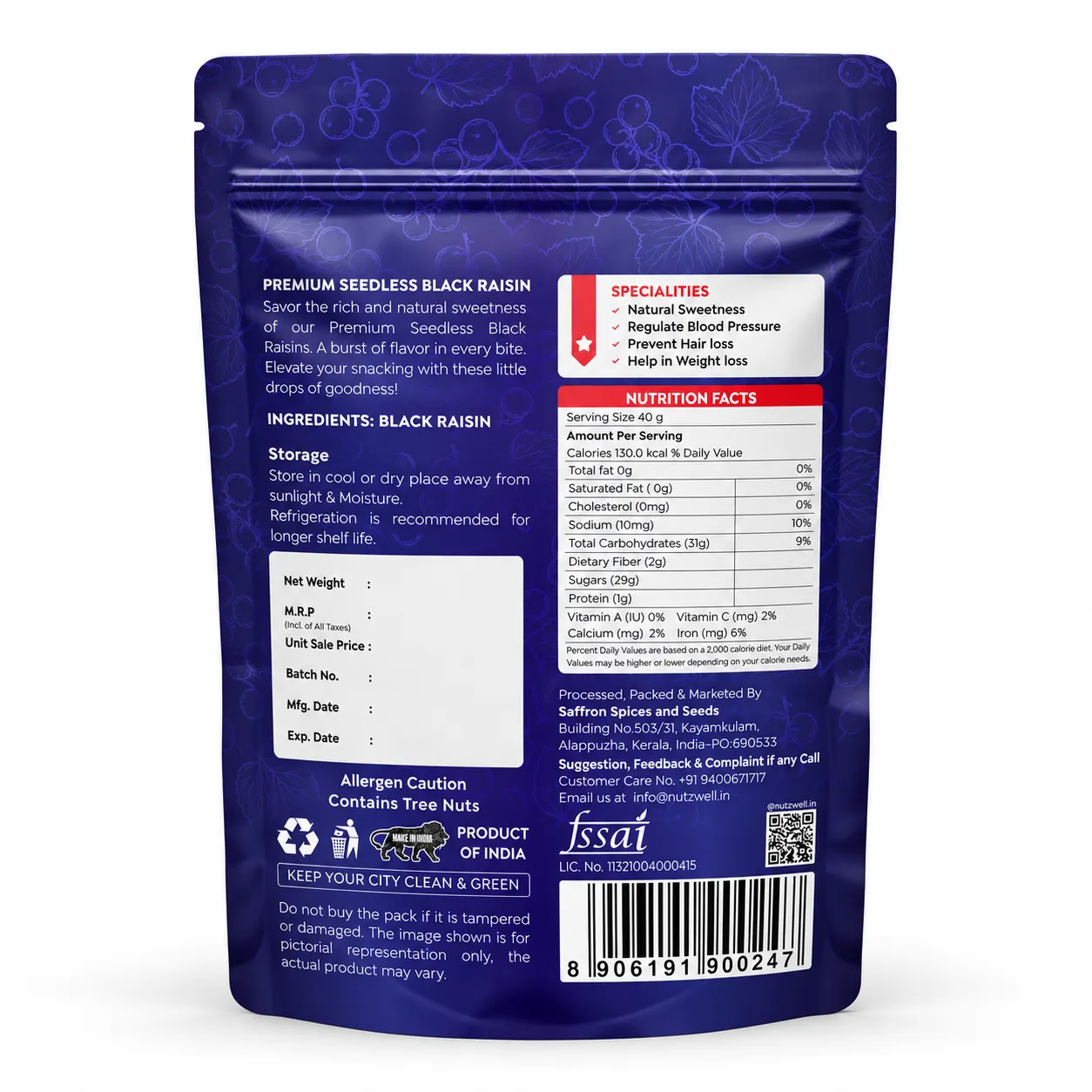 Nutzwell Premium Black Raisins – back of pack