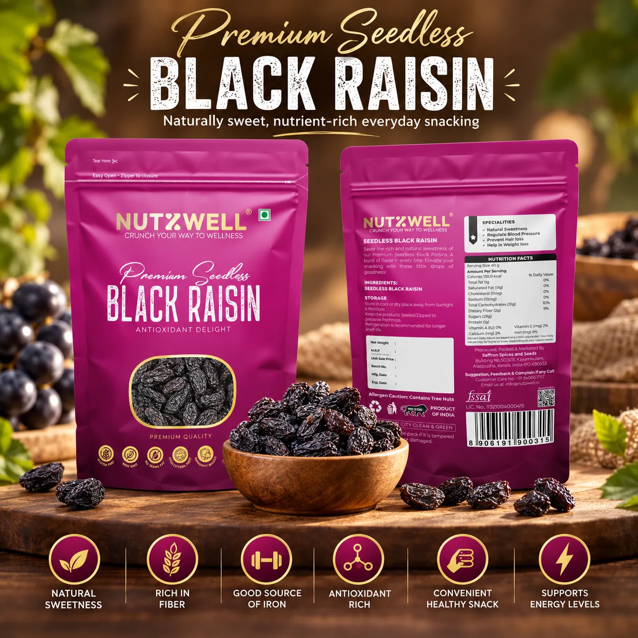 Nutzwell Premium Black Raisins – front and back of pack (pink pack)