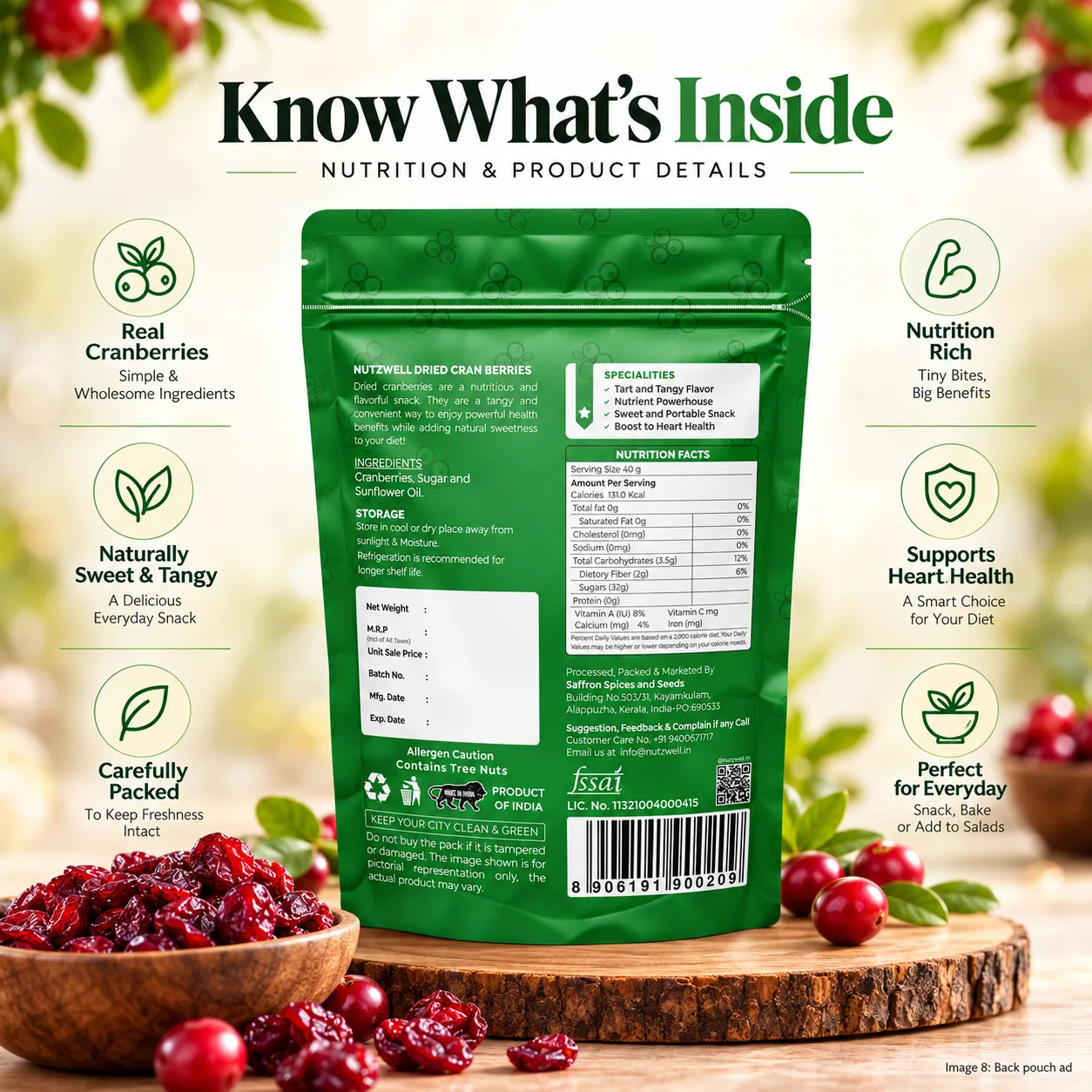 Nutzwell Premium Dried Cranberries – back of pack