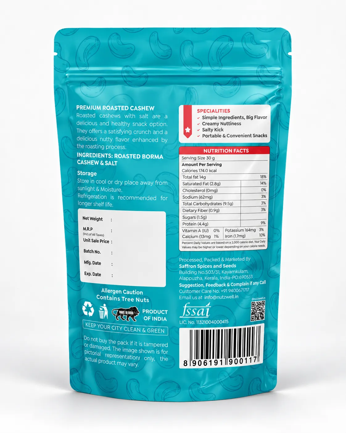 Nutzwell Premium Grilled Salted Cashews – back of pack
