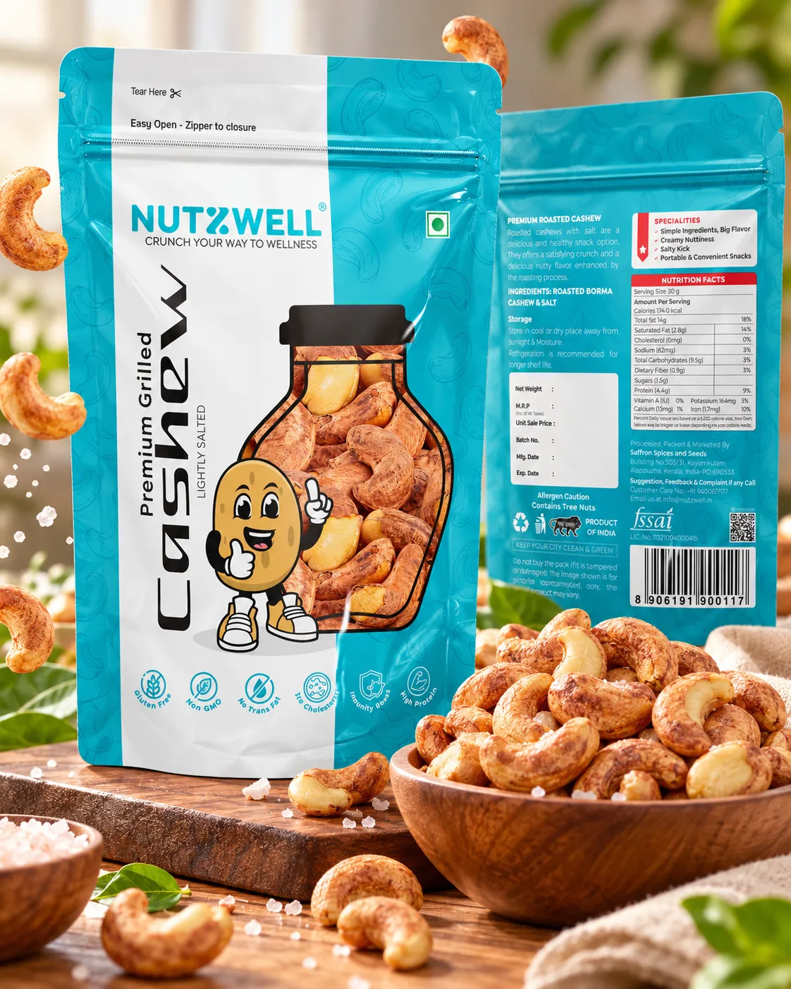 Nutzwell Premium Grilled Salted Cashews – front and back of pack
