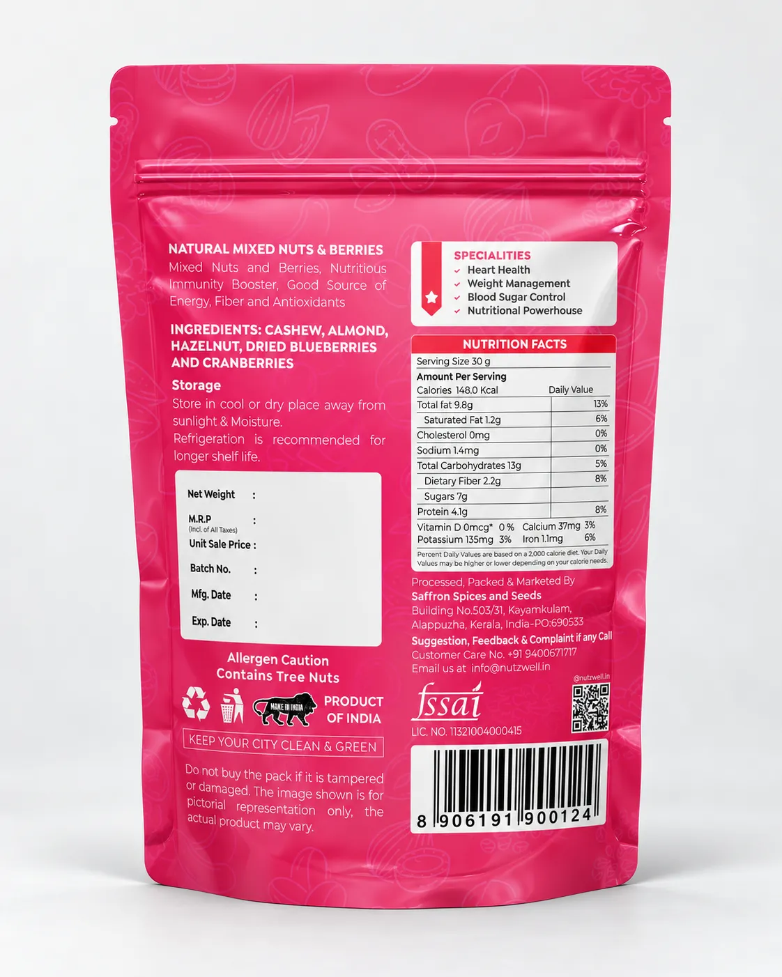 Nutzwell Premium Mixed Nuts & Berries – back of pack